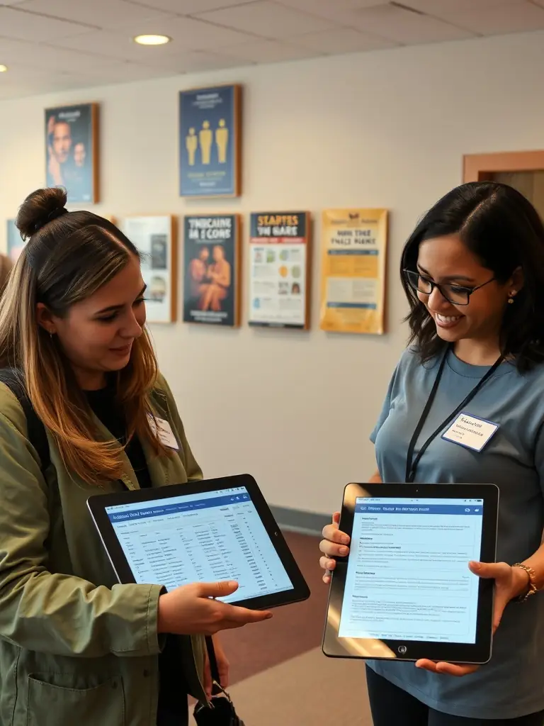 A group of staff and volunteers reviewing attendance data and feedback forms on digital tablets in the theater lobby, highlighting data-driven decision-making.