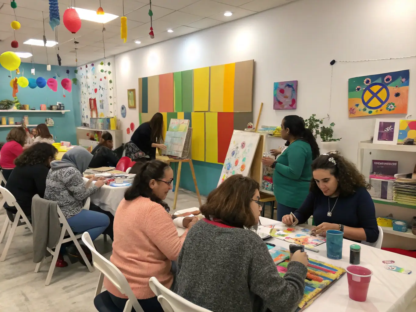 A dynamic image of a group workshop in progress, with participants of various ages engaging in creative activities, surrounded by colorful art supplies and expressive gestures.