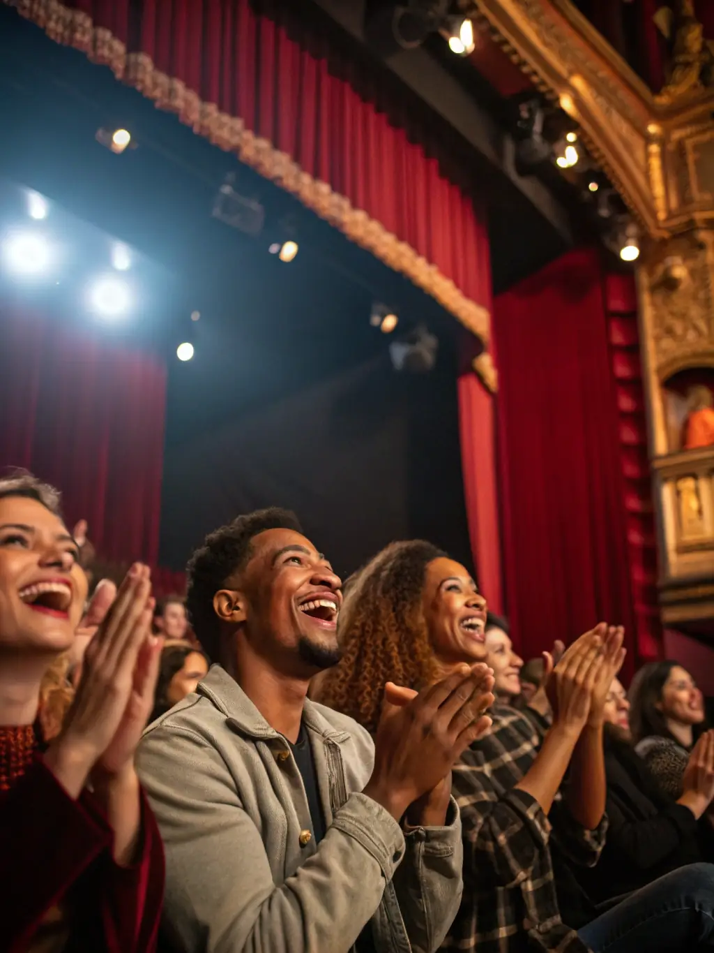 A vibrant photo of a packed theater during a community festival, with families and individuals of all ages enjoying a live performance together.