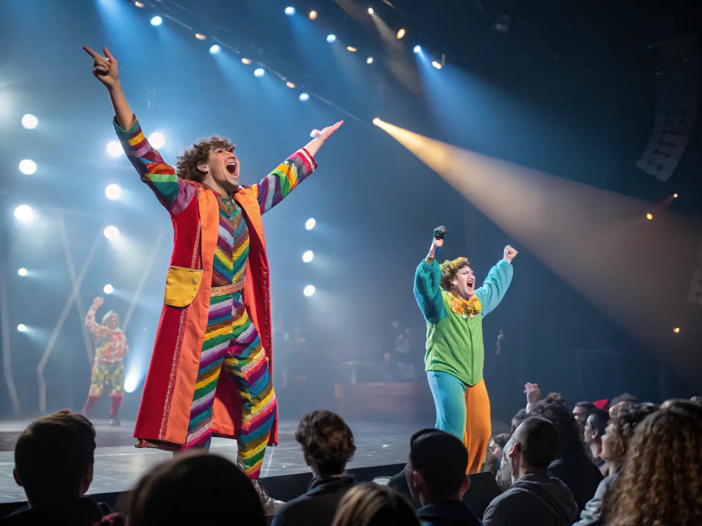 A professional photo of a theatre festival in Bourges, with local artists performing on stage and an enthusiastic crowd enjoying the event under festive lighting.