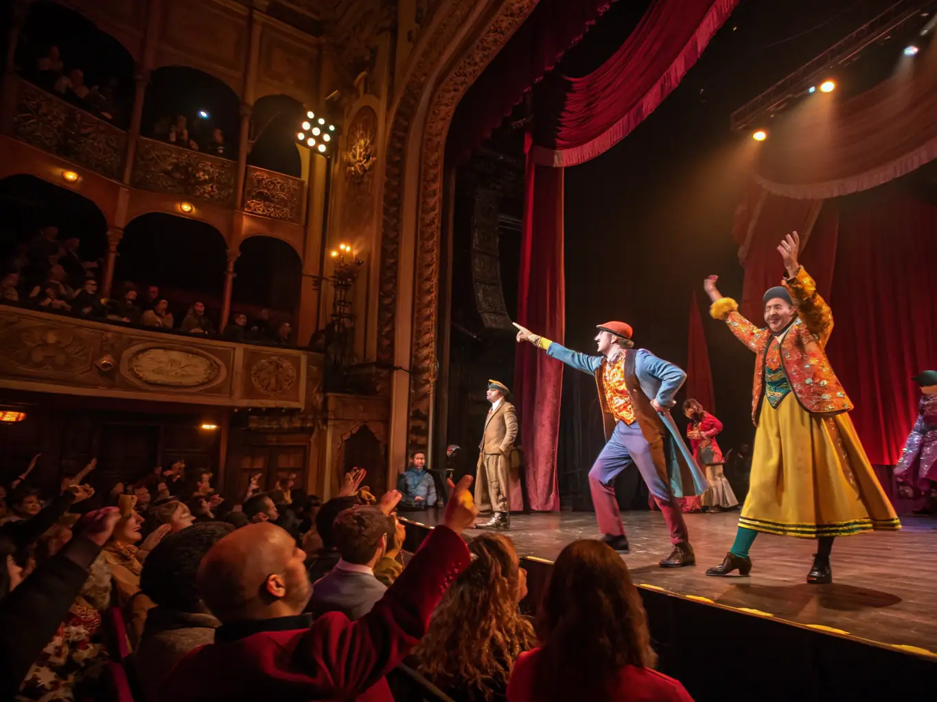 A vibrant scene of a Theatre Avaricum performance with a diverse audience, spotlights illuminating the stage, and visible applause, symbolizing measurable results and positive community impact through the arts.
