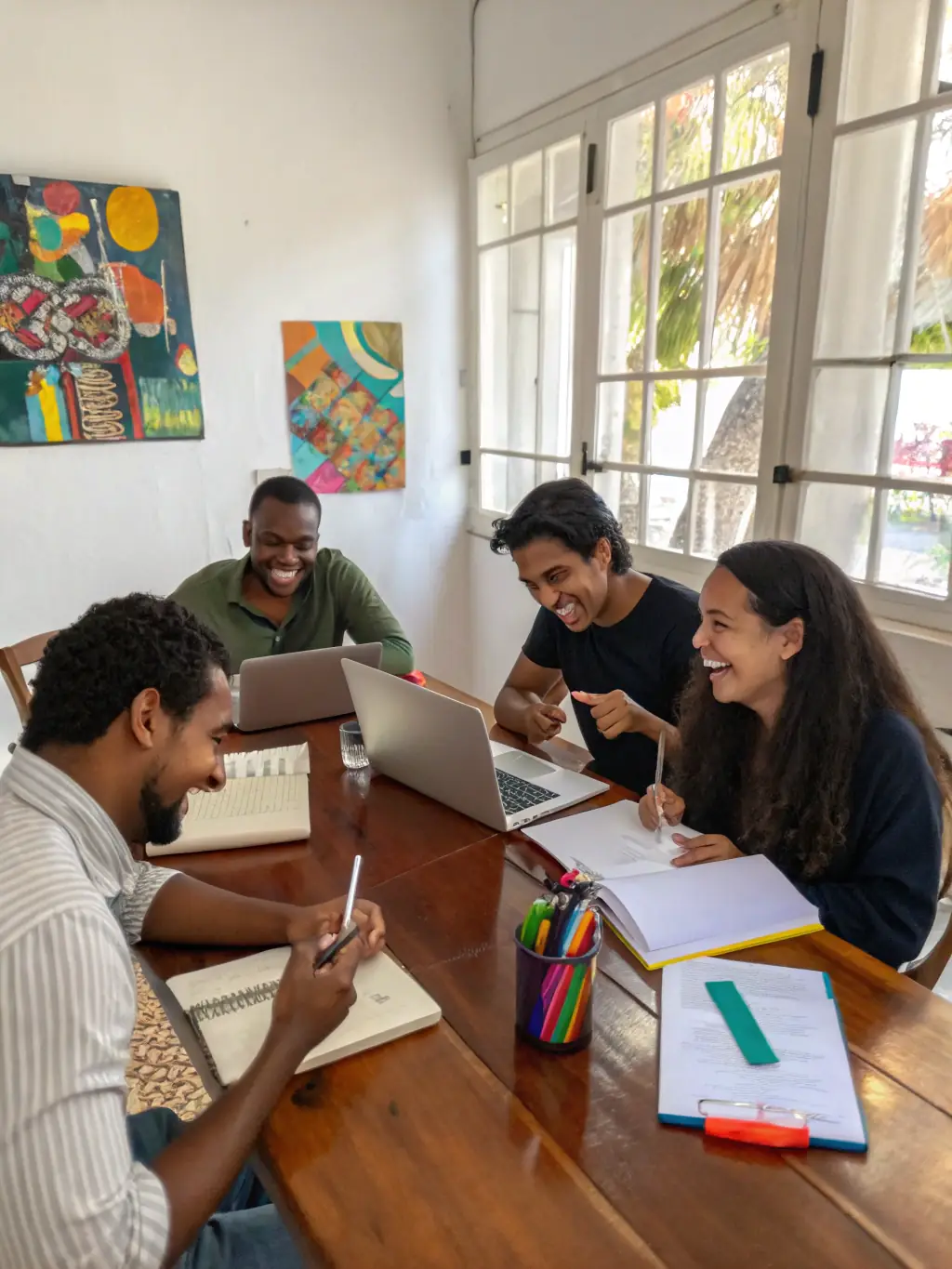 A creative workshop scene with artists and community members brainstorming around a table, surrounded by colorful props and scripts, symbolizing collaborative innovation.