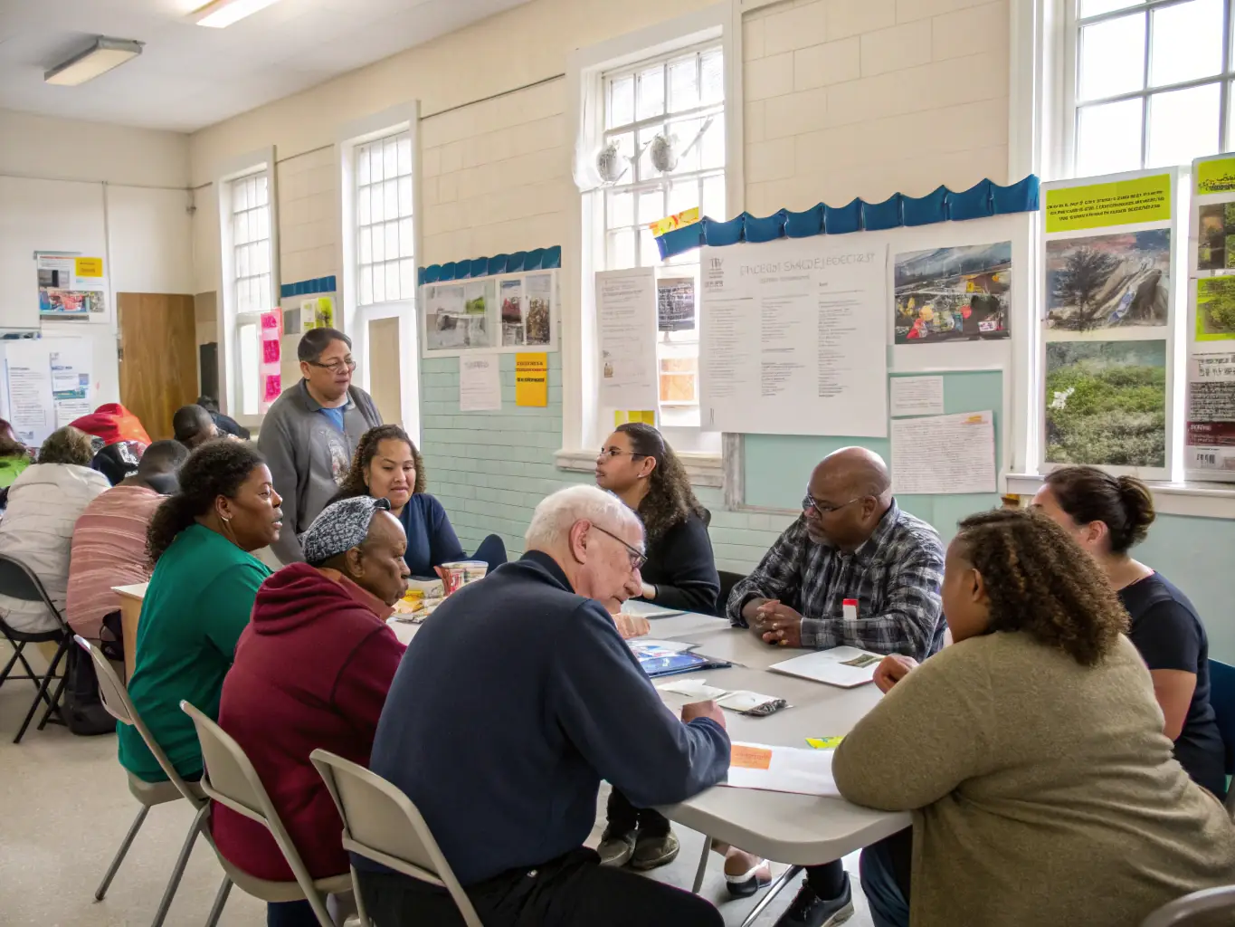 A candid photograph of Theatre Avaricum staff and community members in a lively discussion around a table, with visible documents and open body language, representing transparent communication and collaborative planning in a cultural organization.