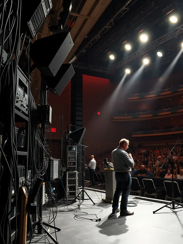 A backstage view of Theatre Avaricum's technical team coordinating lighting and sound during a live performance, emphasizing seamless operations in a community theater setting.