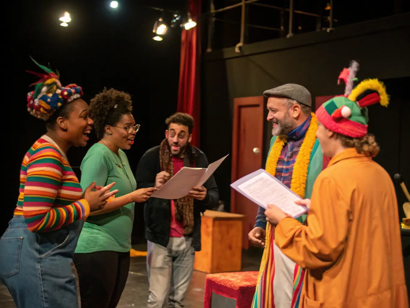 A vibrant photograph of a consultant and theatre director collaborating over a table with scripts and community event plans, set in a cozy rehearsal space filled with stage props.
